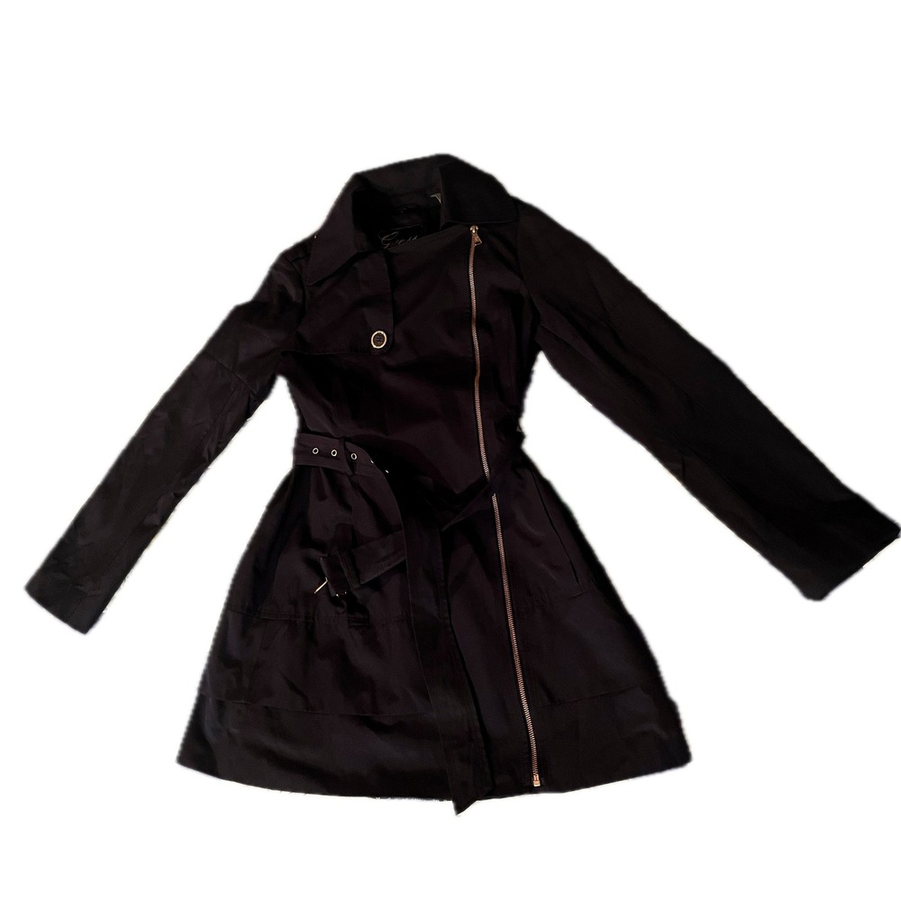 Guess Womens Navy Asymmetrical Zip Trench Coat Jacket Belted Womens Med